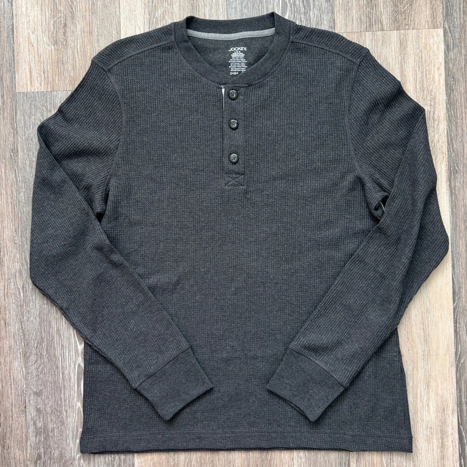 Jockey Outdoors Henley Shirt Mens L Gray Waffle Knit Long Sleeve Cotton Blend