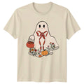 Floral Ghost With Red Bow Womens T-Shirt Cute Ghost Halloween Gift For Her