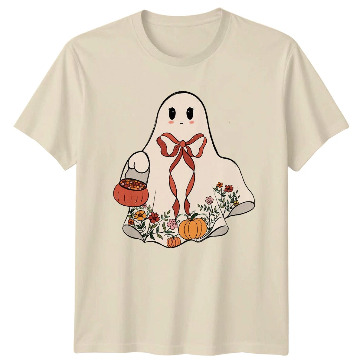 Floral Ghost With Red Bow Womens T-Shirt Cute Ghost Halloween Gift For Her