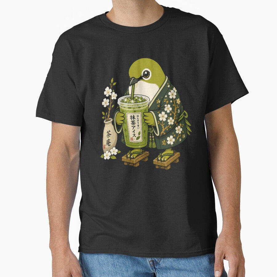 Mejiro Bird Drinking Iced Matcha | Cute Japanese White-eye Art by TheTrendsDesk