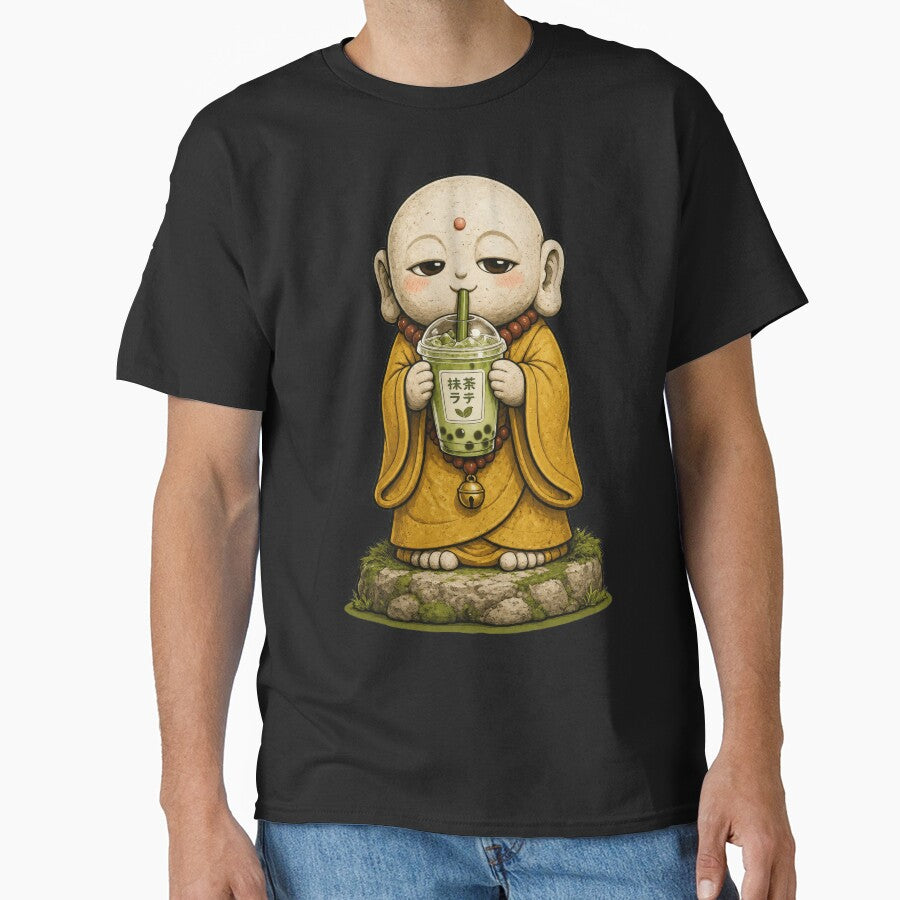 Jizō Drinking Matcha Bubble Tea | Japanese Guardian Statue Café Art by TheTrendsDesk
