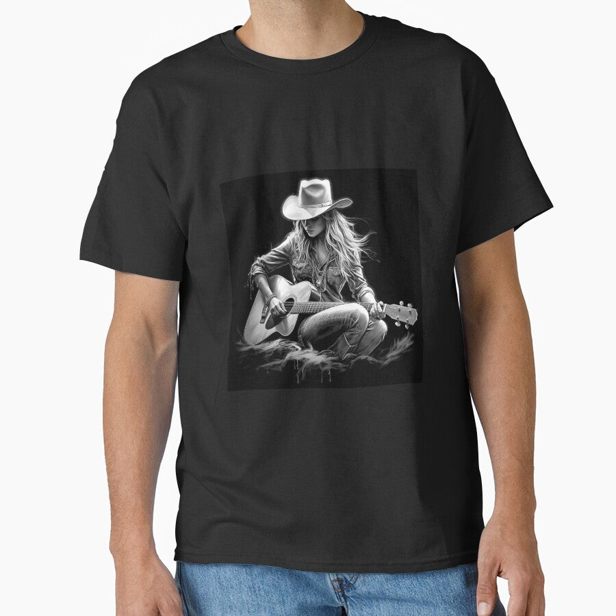 Western Cowgirl Playing Guitar | Black and White Country Music Art by inkoutninja