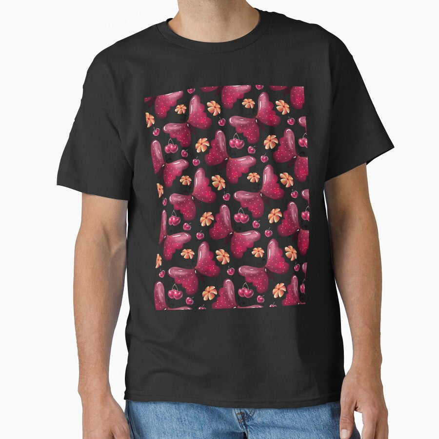 Pink Butterfly Cherry Seamless Pattern | Cute Floral Black Background | Whimsical Spring Botanical Design by HopeAndHustle