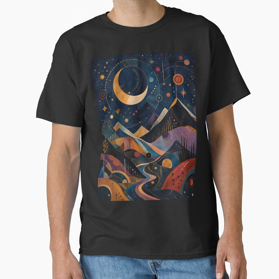 Celestial Mountain Landscape – Golden Crescent Moon and Starry Night by GutyzDesignsES