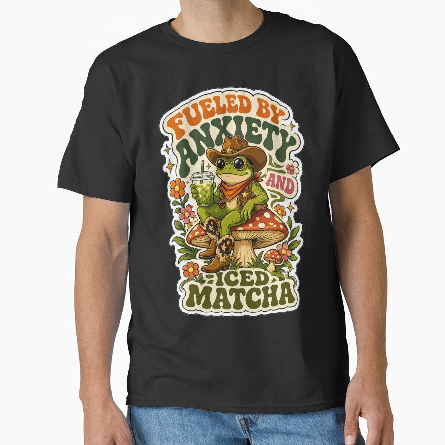 Fueled by anxiety and iced matcha Cute Frog Cowboy Retro by BeardWave