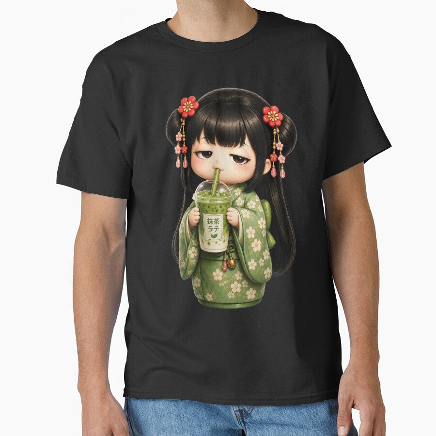 Kokeshi Girl Drinking Matcha Latte | Cute Japanese Café Illustration by TheTrendsDesk