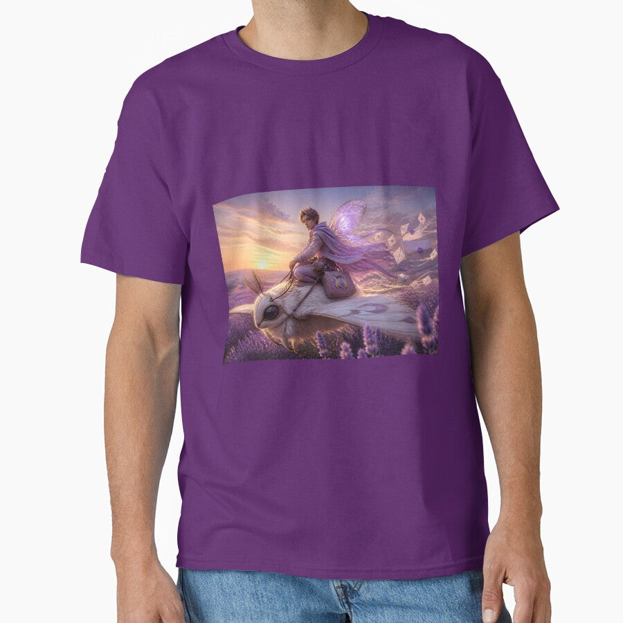 Fairy Courier Riding White Moth Over Lavender Fields by sigmaartstudio