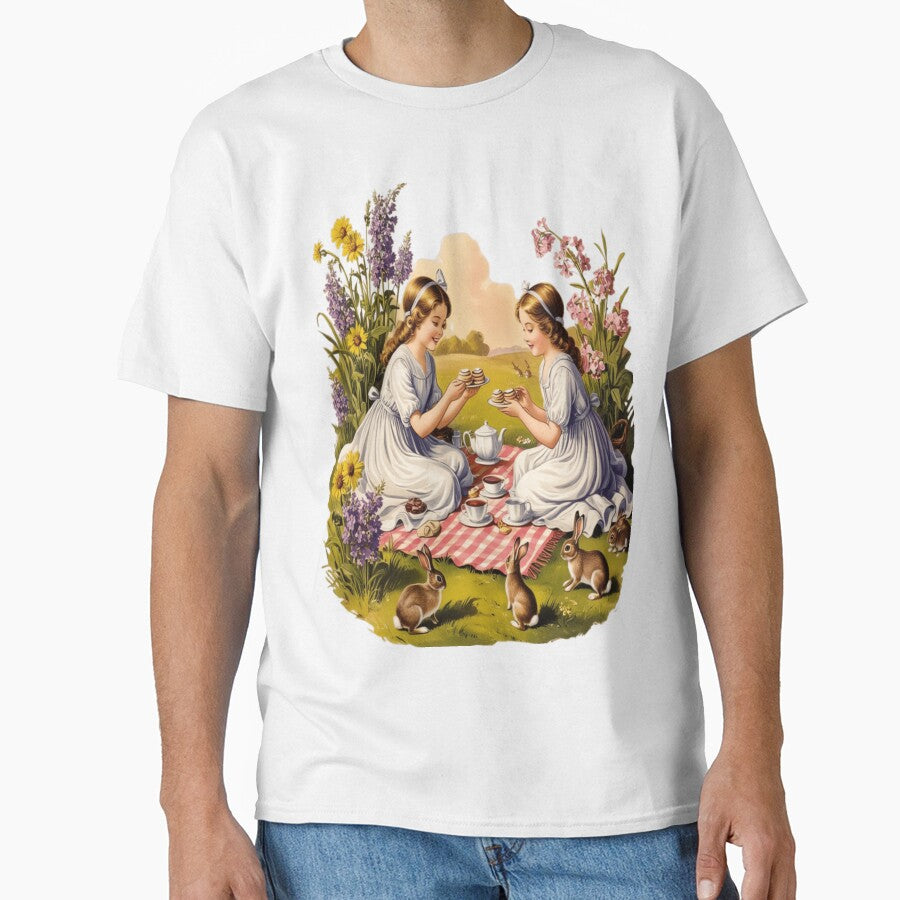 Wildflower Picnic Wall Art – Storybook Tea Sisters with Bunnies Print by ArtFreshStudio