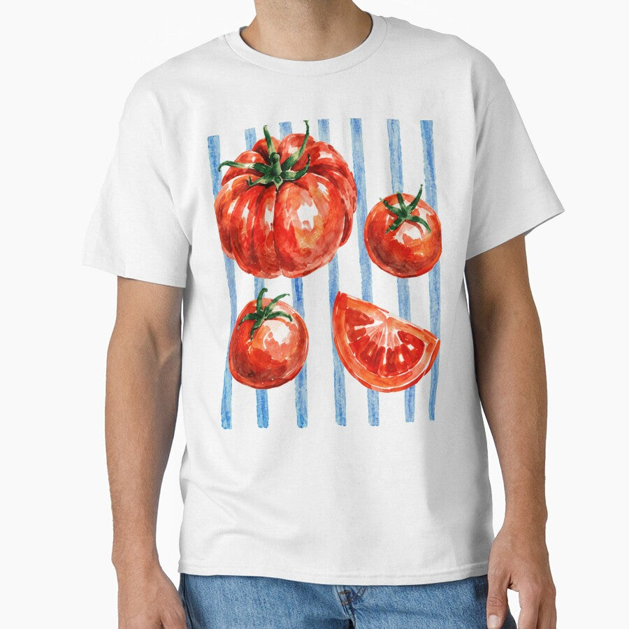 Summer Watercolor Tomatoes Blue Stripes by Retro Moon Studio
