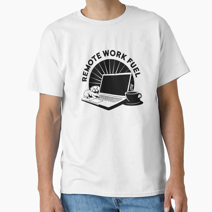 B&W Remote Work Fuel – Laptop, Coffee, and Cute Dog Illustration by CrownedCanvas