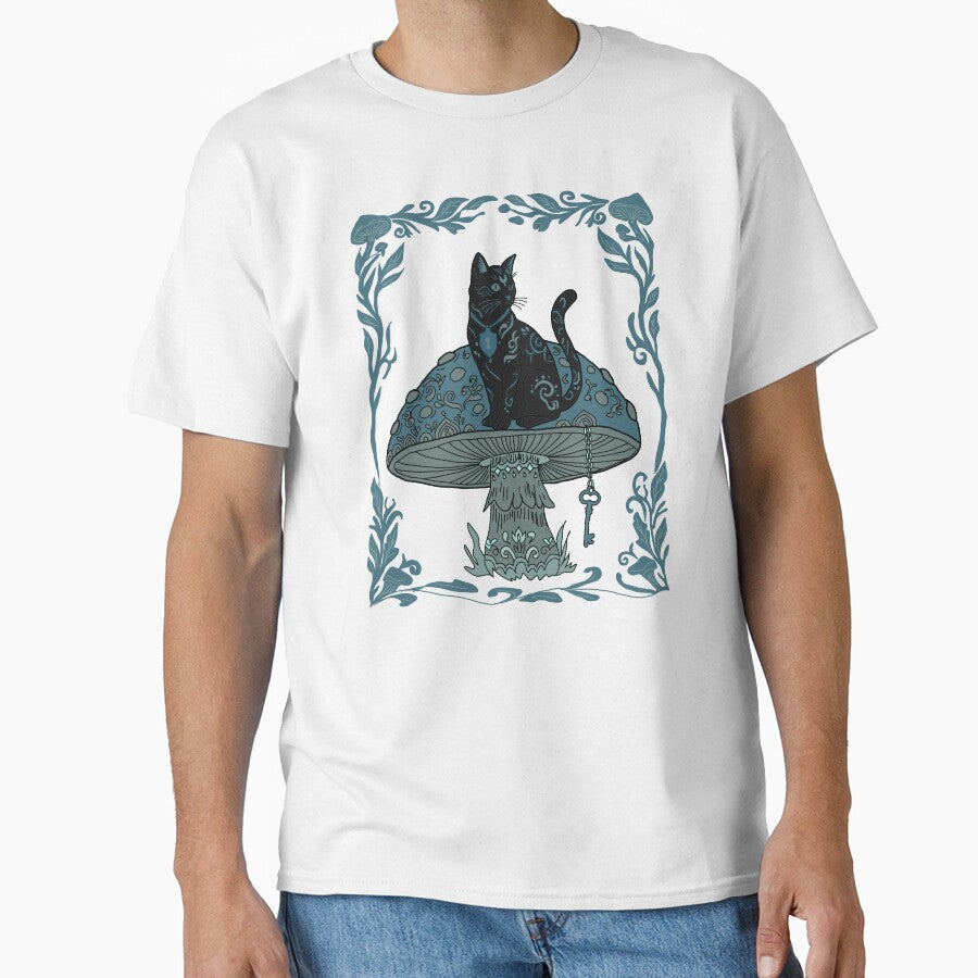 Black Cat on Magic Mushroom Whimsigoth Folk Art by LeshanArt