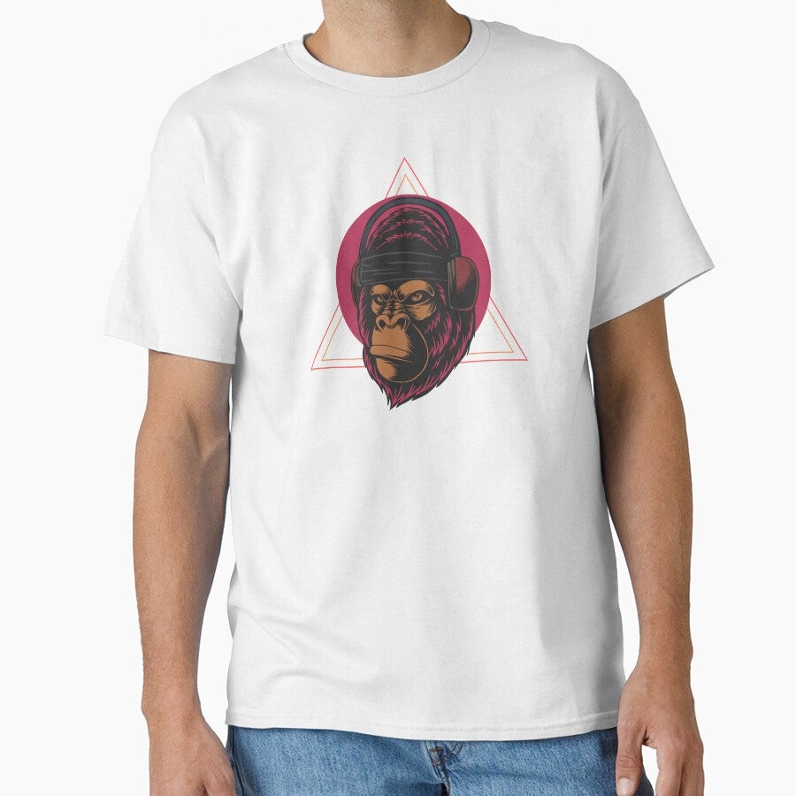 Retro Red Gorilla with DJ Headphones by MusicMerchLab