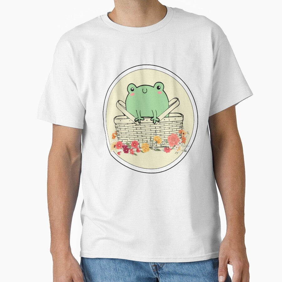 Frog In Picnic Basket With Flowers Round Badge by Pink Ribbon