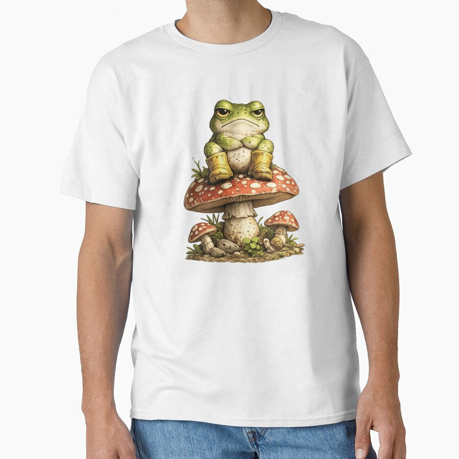 Grumpy Frog Sitting on Mushroom Funny Nature Illustration by RoPrincess