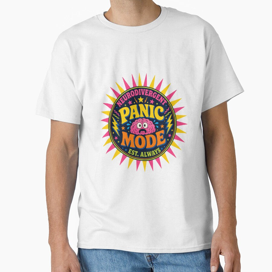 Neurodivergent Panic Retro Sunburst Badge ADHD Humor t-shirt by MOSIDRIP™