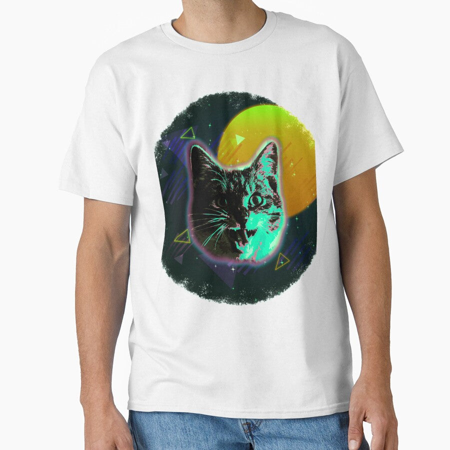 Cat Face Shirt Trippy Neon Rave 80s Disco Retro Kitten Tee by cgocgy