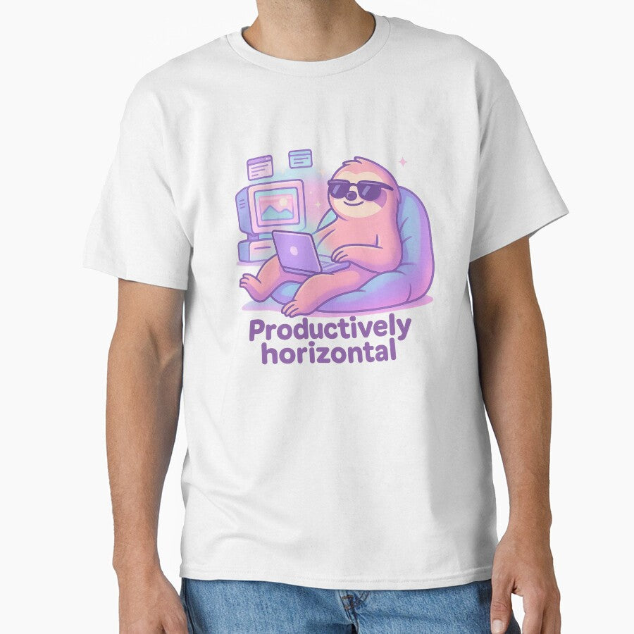 Productively Horizontal – Funny Sloth Remote Work Shirt, Vaporwave Cartoon Animal Design by LEO Vaporwave