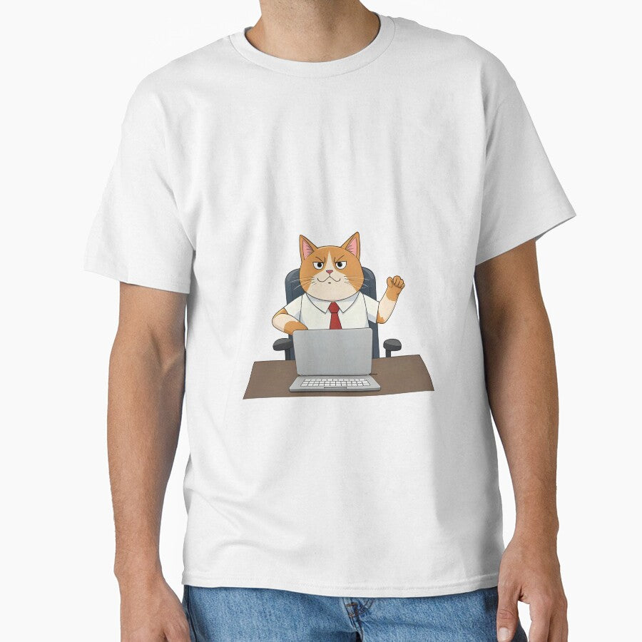 Funny Office Cat Working at Laptop - Minimalist Vector Design by The Grumpy Pet Club
