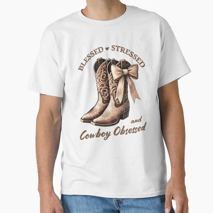 Blessed Stressed and Cowboy Obsessed – Western Cowgirl Boots Graphic, Rustic Country Cowgirl Art by Golden Blaze Studio