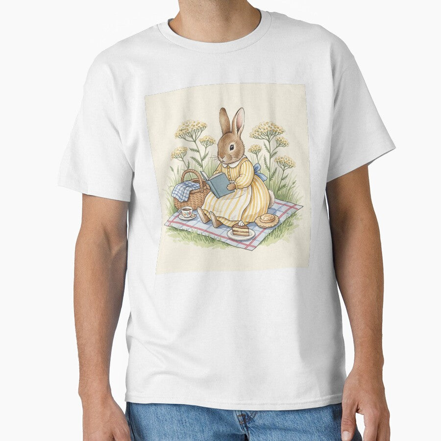 Whimsical Reading Bunny Picnic Watercolor Art by Pasteltone