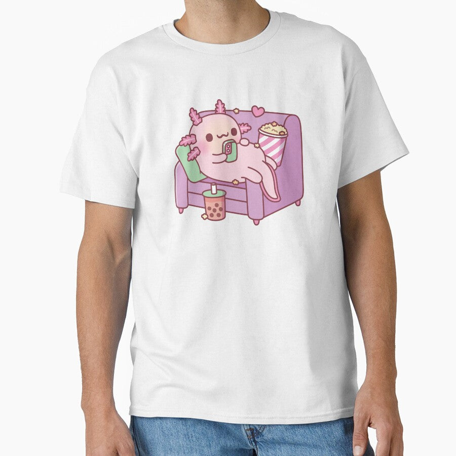 Cute Axolotl Chilling With Handphone Bubble Tea And Popcorn by rustydoodle