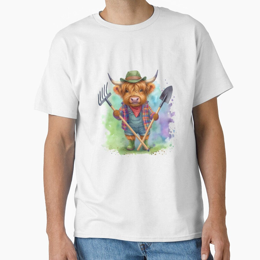 Scottish Highland Cow Gardening Colorful Watercolor by MaedK