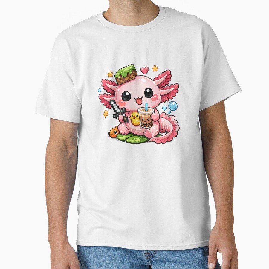 Cute Gamer Axolotl Drinking Bubble Tea Kawaii Fantasy Art by RetroPop23