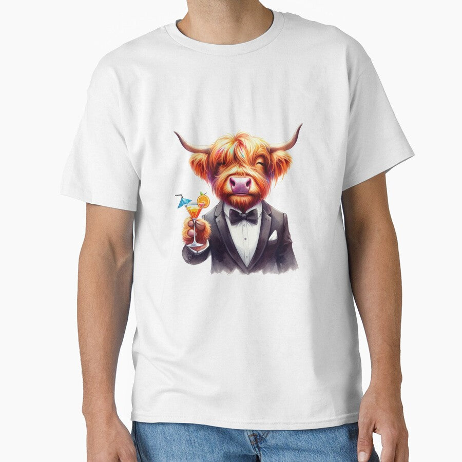 Scottish Highland Cow in Tuxedo Drinking a Cocktail Colorful Watercolor by MaedK