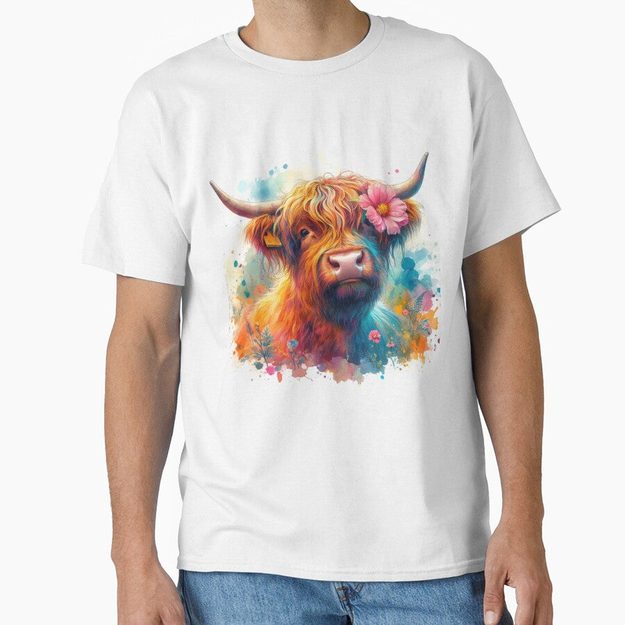 Pretty Scottish Highland Cow with Flower Colorful Watercolor by MaedK