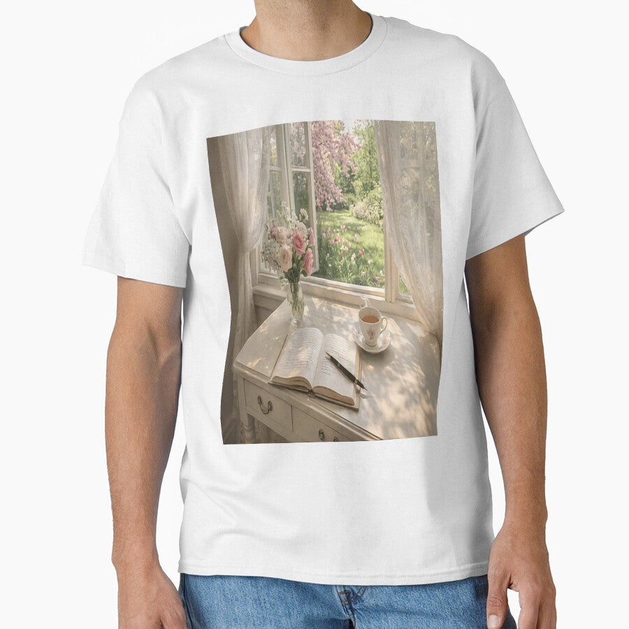 Spring Writing Nook - Romantic Tea Garden Window View Art by ArtFreshStudio