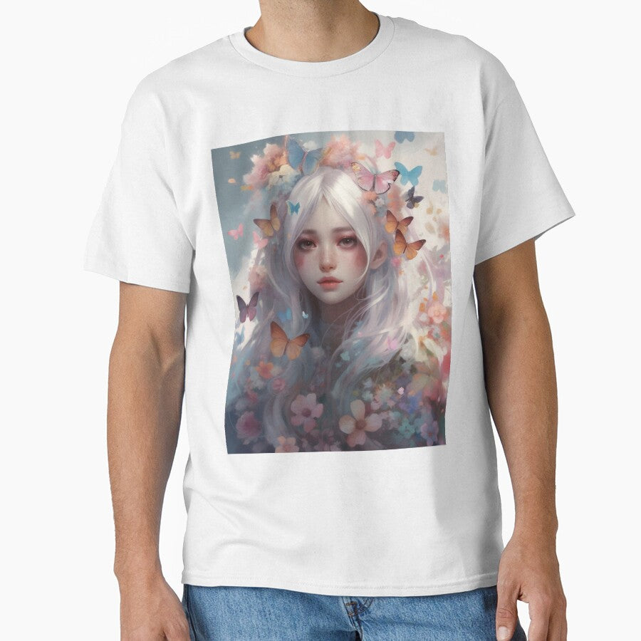 Dreamy Girl Portrait with Long White Hair and Colourful Butterflies #3 by harajukuai