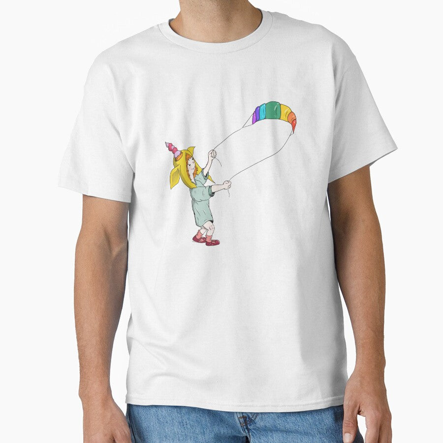 Unicorn girl flying rainbow kite - whimsical pixie by Joey Judd