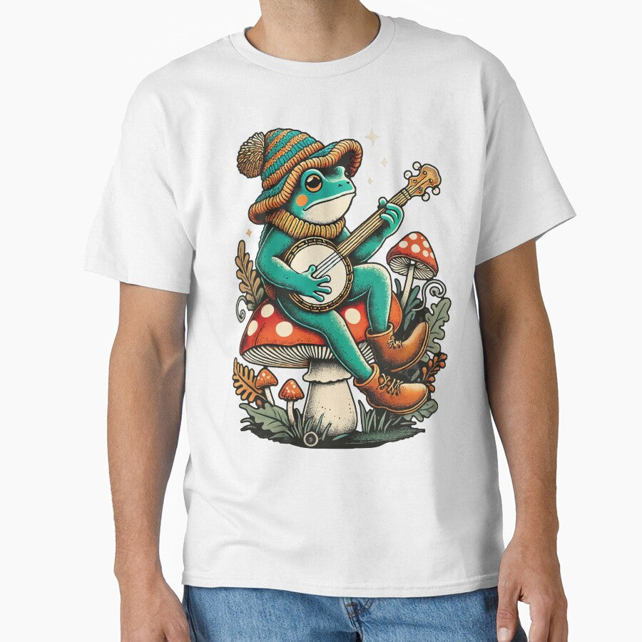 Whimsical Banjo-Playing Frog on Toadstool Cottagecore Woodland Design by Victor Shadehorn