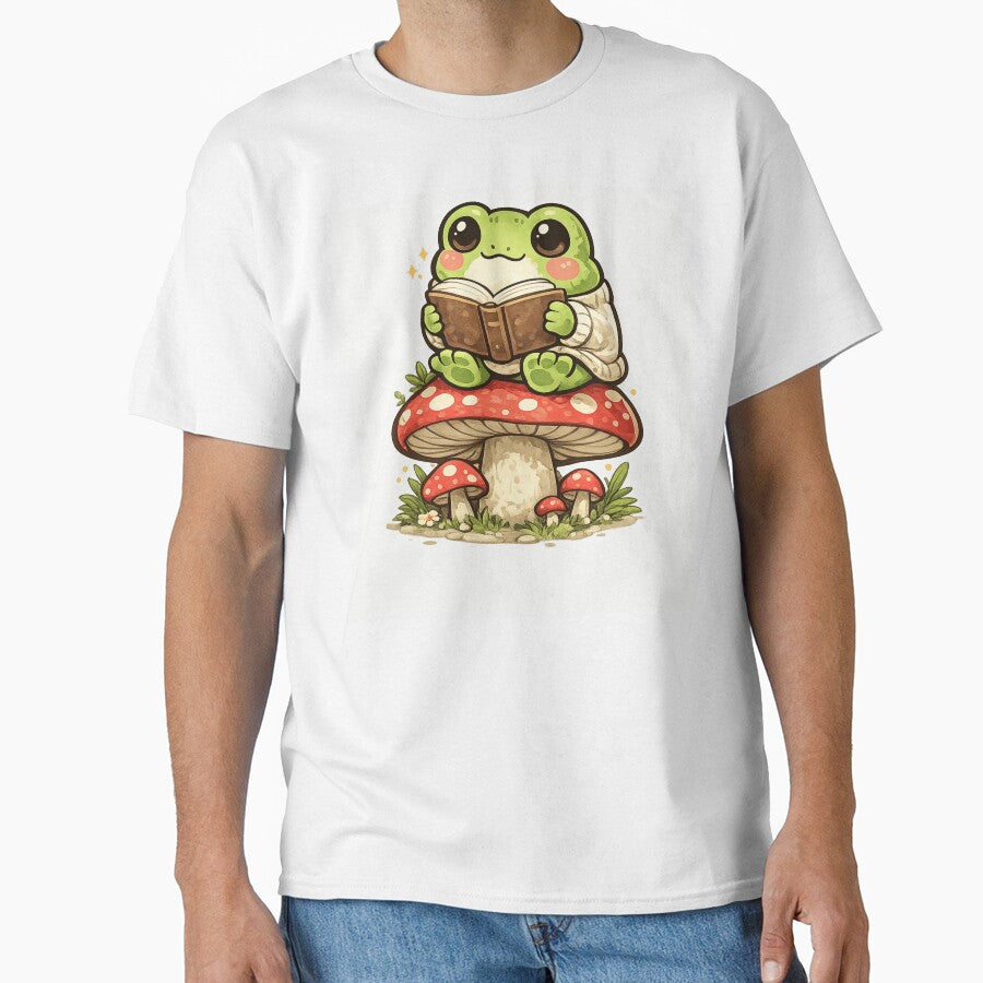 Cute Frog Sitting on Mushroom Reading Book – Whimsical Fantasy Book Lover Frog Sticker by Ortegan90