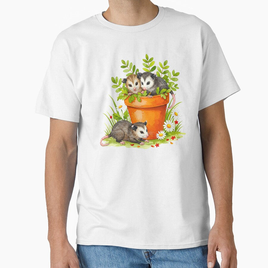 Cute Baby Opossums in Flower Pot by TeeARTHY