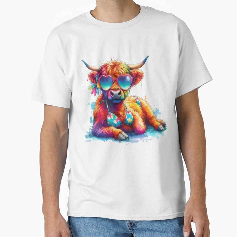 Scottish Highland Cow on Vacation Sunbathing in Shades and Bikini Colorful Watercolor by MaedK