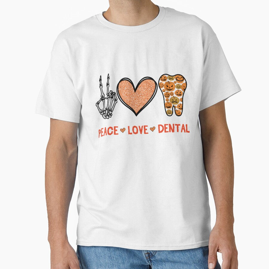 Peace Love Dental Halloween Dentist Hygienist Dental Assistant Skeleton Hand Heart Teeth by clothesy7