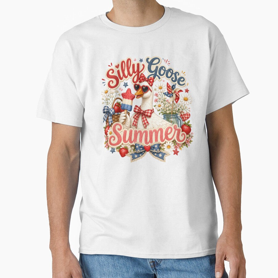 Silly Goose Summer Cute Patriotic Strawberry Goose Design by PixelModeShop