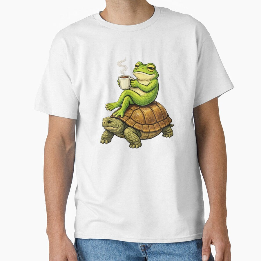 Relaxing frog on a turtle with coffee by FroggyOnly