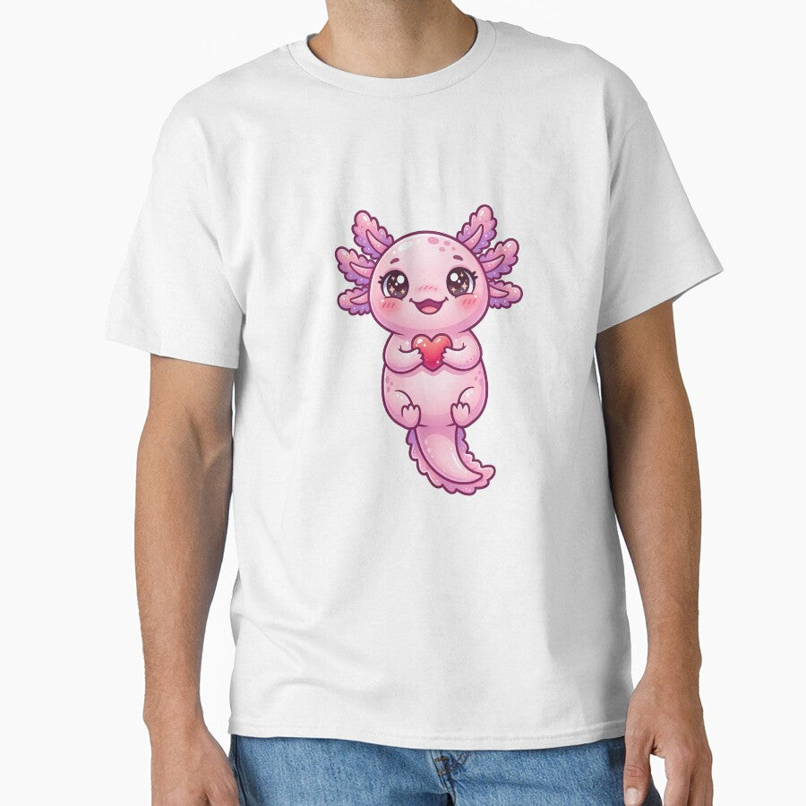 Cute Pink Axolotl Holding Heart Kawaii Cartoon Sticker by Infinite Art Lab
