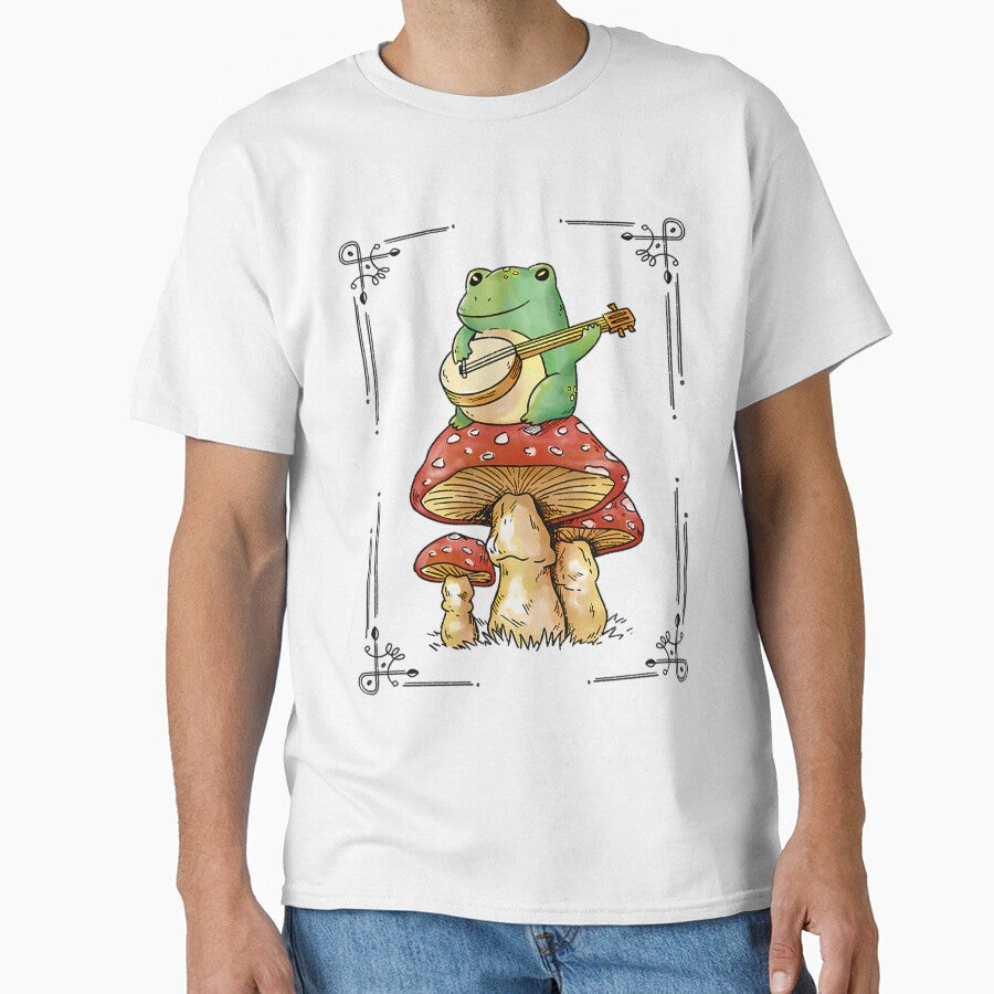 Cottagecore Frog Playing Banjo On Mushroom by razlinesenowp