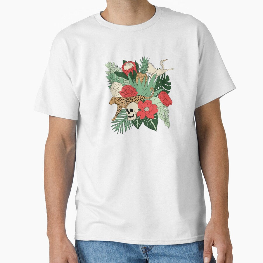 Floral tropical leaves and fruits with bird, leopard and skull by Sasa Elebea by Sabrina Brugmann