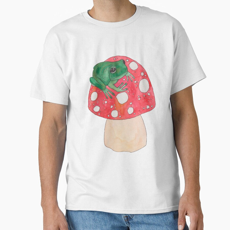 Green tropical frog on red mushroom by susserain