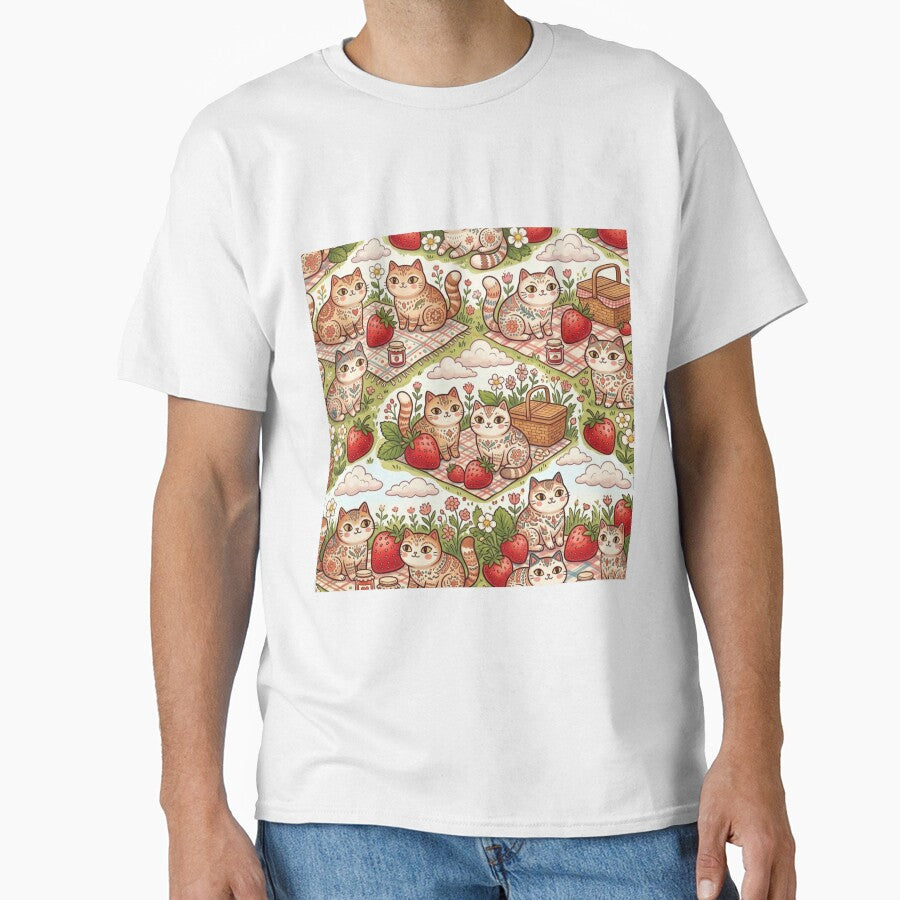 Strawberry Picnic Cat Pattern | Cute Cottagecore Design by Iampoji