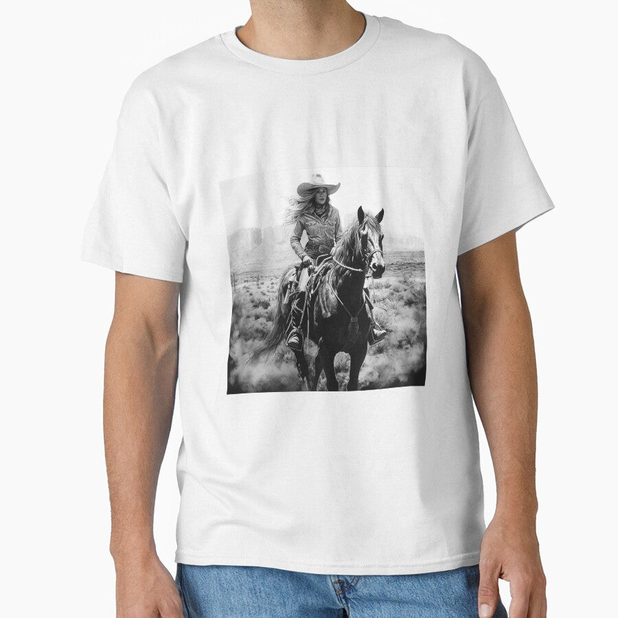 Western Cowgirl Riding Horse in Desert | Black and White Southwest Art by inkoutninja