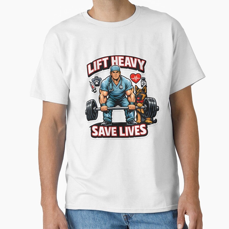 Lift Heavy Save Lives Veterinary Gym Design | Vet Fitness Dog Spotter Shirt by Bettybee00