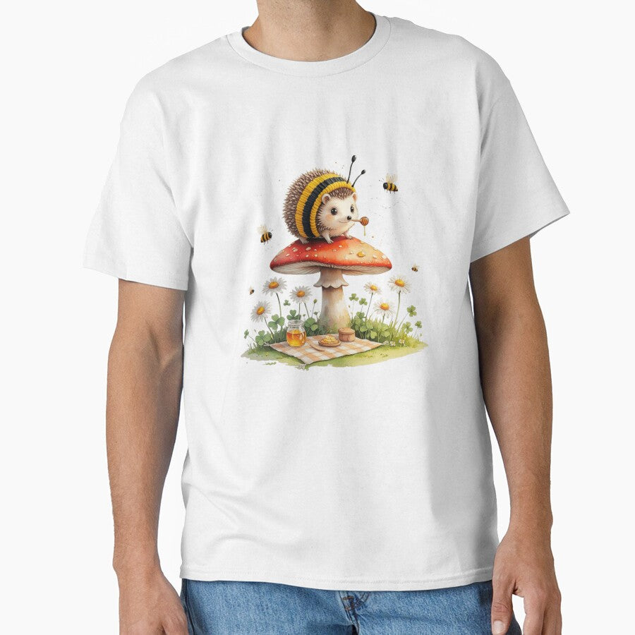 Cute Hedgehog in Bee Costume on Mushroom Watercolor by AQUILAKREO