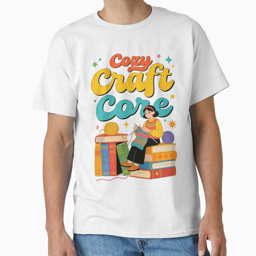 Cozy Craft Core Aesthetic Design | Retro Knitting Hobbyist Sitting on Books Stack Illustration by Cherrydora
