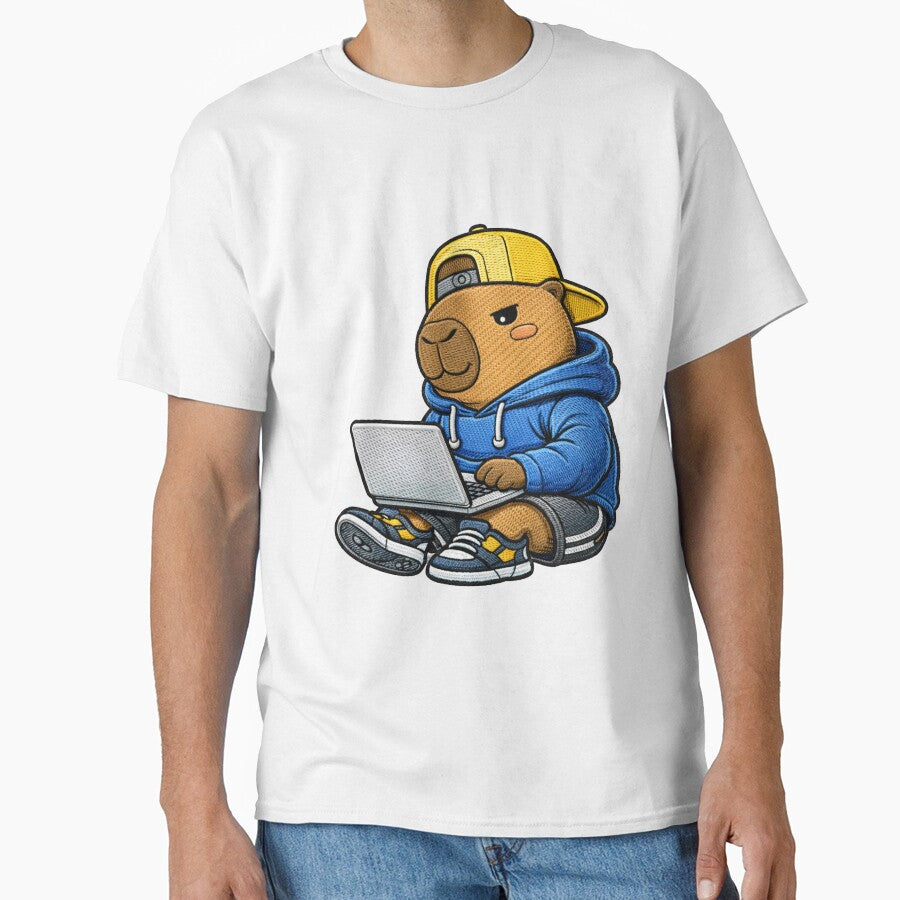 Cute Remote Work Capybara Using Laptop – Kawaii Digital Nomad Capybara Embroidered Patch Style by ColorSplash123