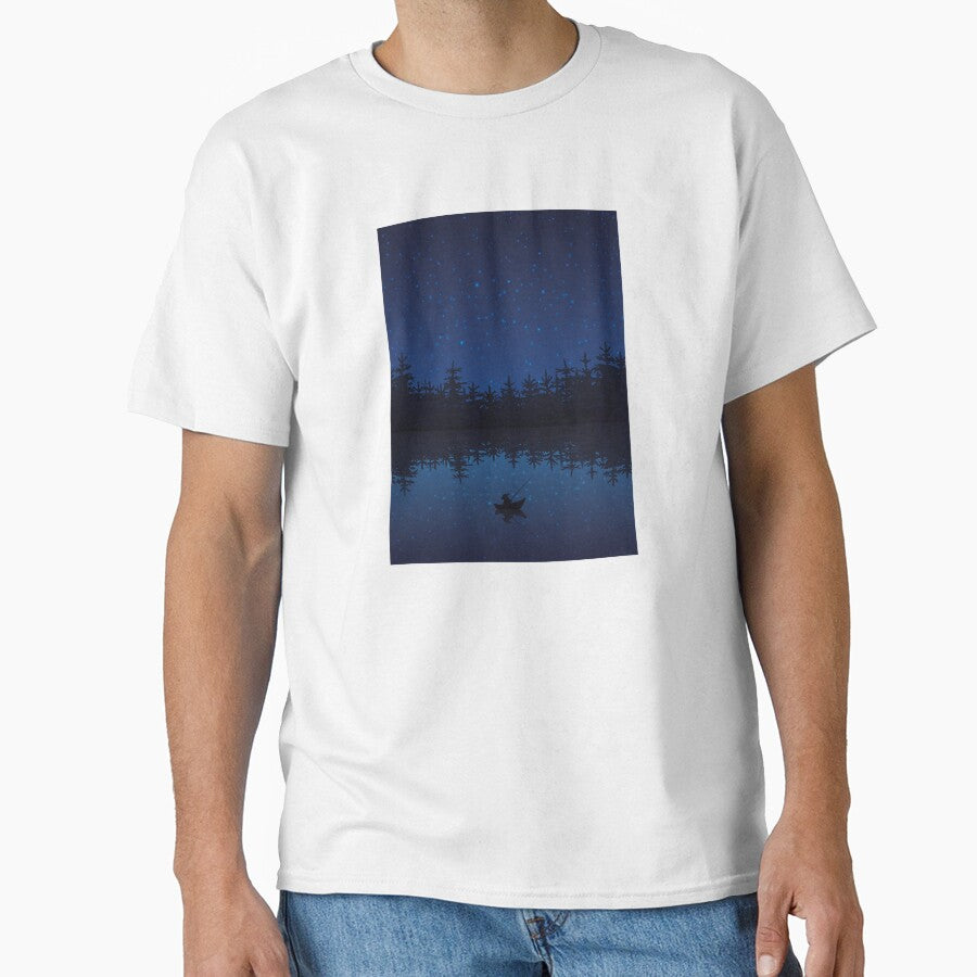 Fishing At Night Near A Forest With Boat And Rod Flat by OnlyPrint20